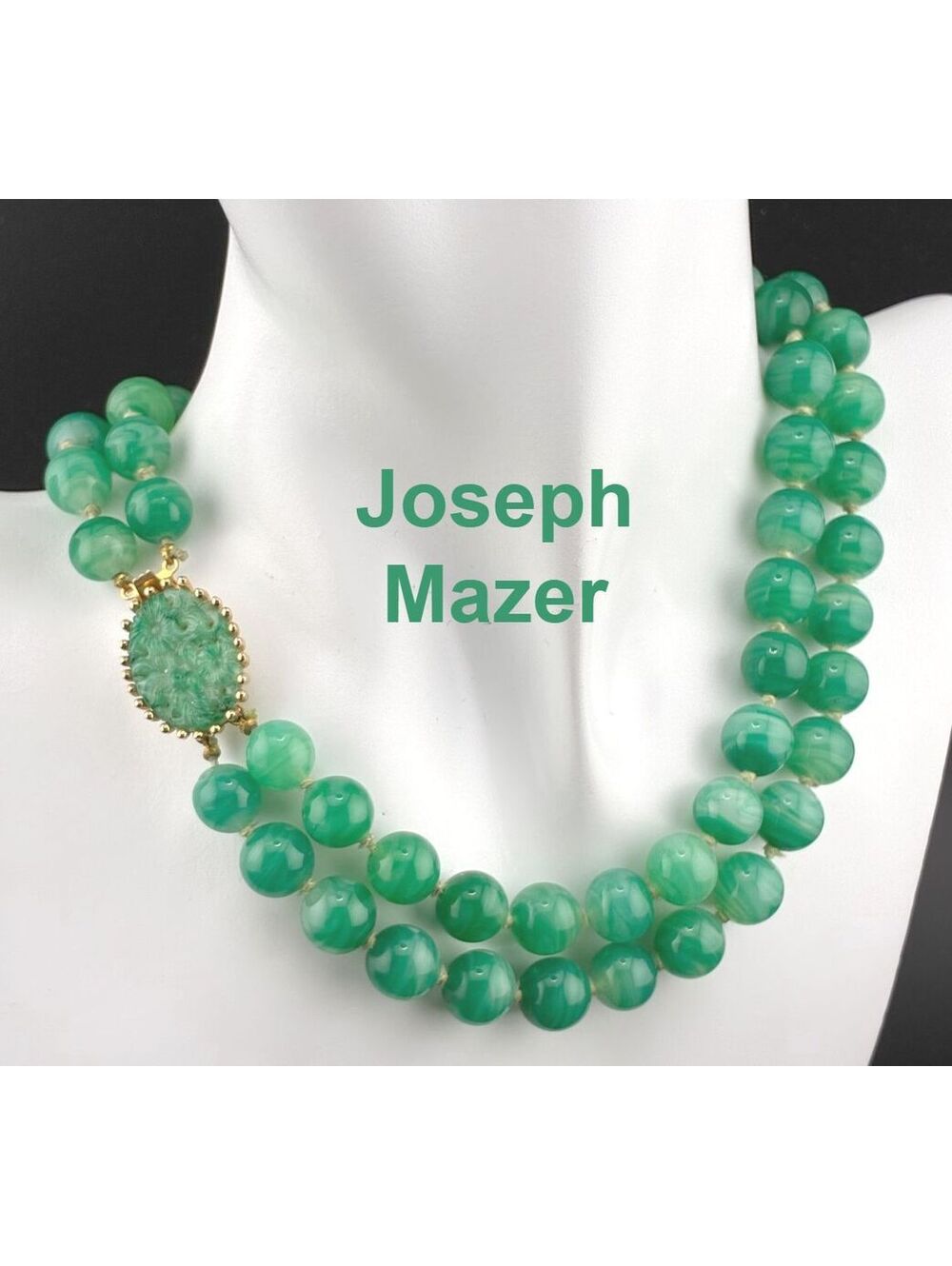 Vintage Joseph Mazer Peking Glass Double Strand 14" Choker w Floral Carved Clasp